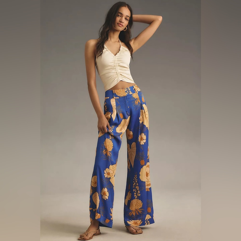 FARM Rio Blue Wide-Leg Floral Pants with Yellow/Gold Blooms - Picture 2 of 10